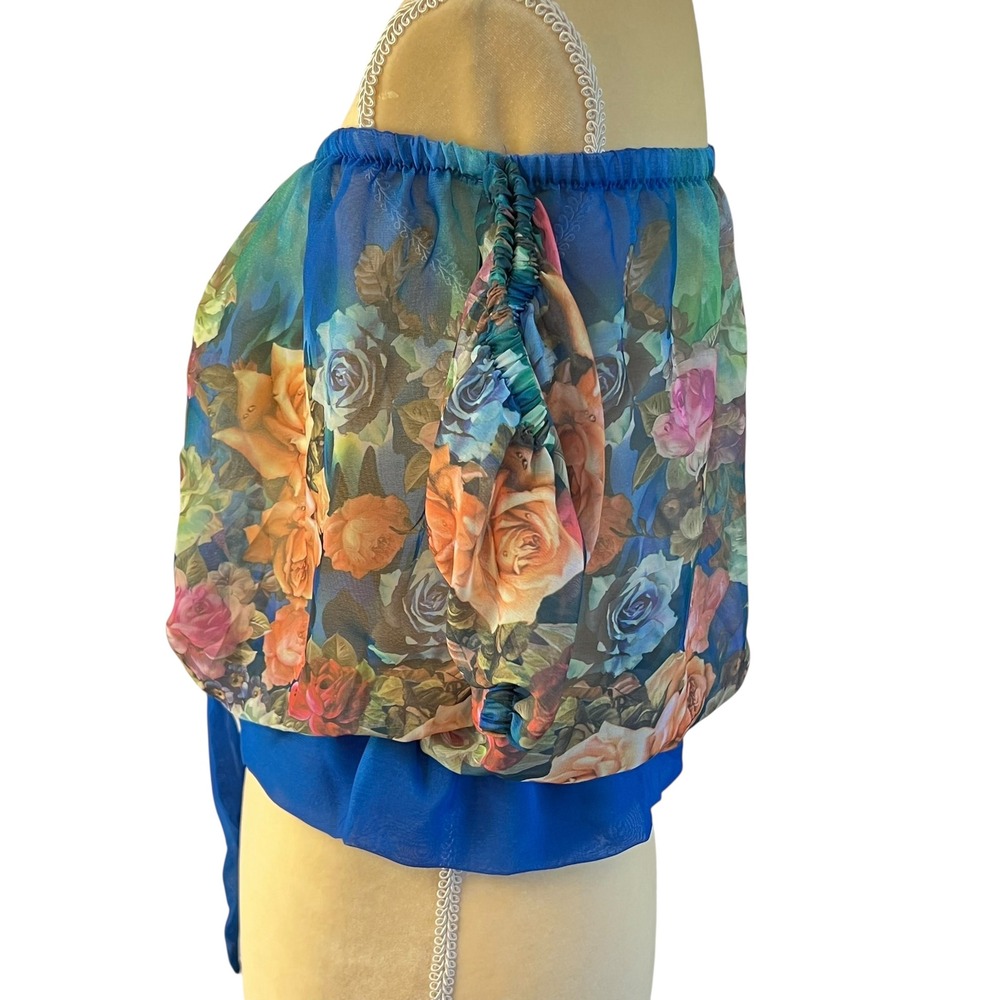 Floral Chiffon Off Shoulder Crop Top Tie Front Blouse Summer Boho Women's XS - Picture 10 of 16